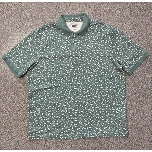 Lands End Polo Shirt Mens L Traditional Fit Green Floral Printed Short Sleeve